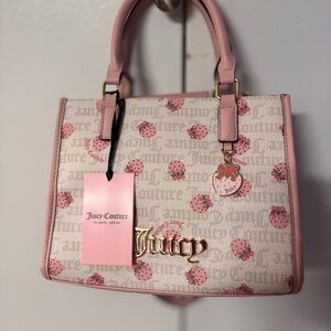 Juicy Couture Pink Strawberry Print Top-Handle Satchel with Gold Logo Charm